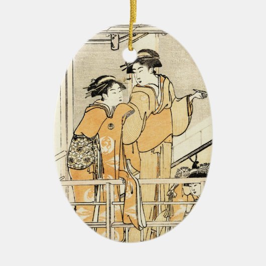 Cool japans ukiyo-e twee geishaktscroller keramisch ornament (Voorkant)