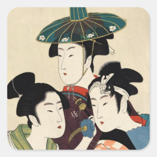 Cool japans vintage ukiyo-e trio lady geisha art vierkante sticker