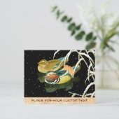 Cool japanse mandarina duck zwarte vijver sneeuw briefkaart (Staand voorkant)