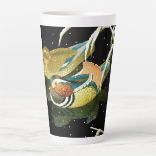 Cool japanse mandarina duck zwarte vijver sneeuw latte mok