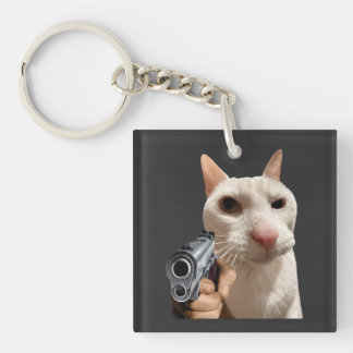 Cool kat met pistool grappige meme t-shirt sleutelhanger