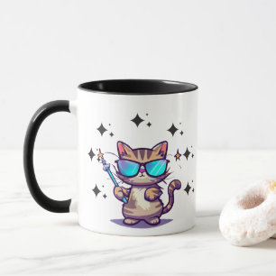 Cool Katten Dragen Bril Holding Magic Wands Star Mok