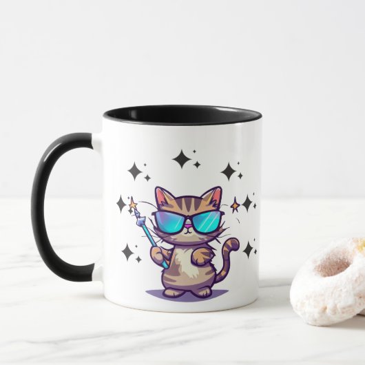 Cool Katten Dragen Bril Holding Magic Wands Star Mok (Met donut)