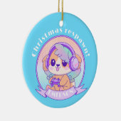 Cool Kawaii Christmas Gamer Meisje Hond in Blauwe  Keramisch Ornament (Rechts)