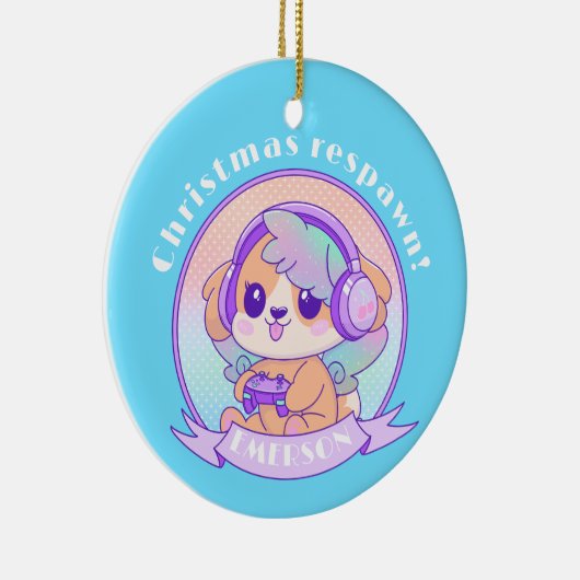 Cool Kawaii Christmas Gamer Meisje Hond in Blauwe  Keramisch Ornament (Rechts)