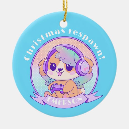 Cool Kawaii Christmas Gamer Meisje Hond in Blauwe  Keramisch Ornament (Voorkant)