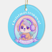 Cool Kawaii Christmas Gamer Meisje Hond in Blauwe  Keramisch Ornament (Links)