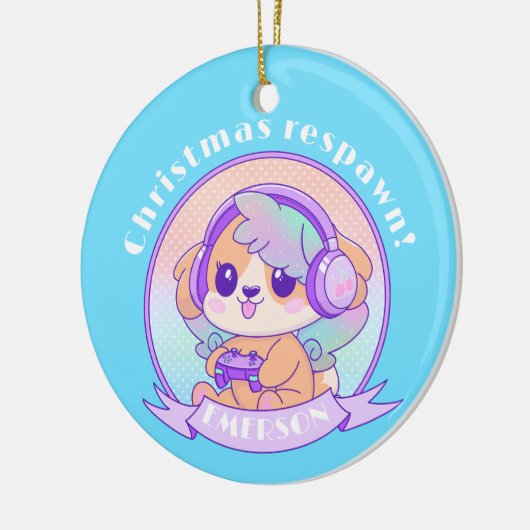 Cool Kawaii Christmas Gamer Meisje Hond in Blauwe  Keramisch Ornament (Links)