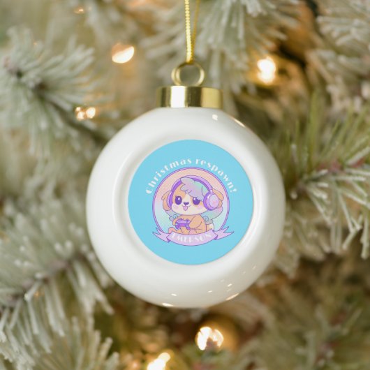Cool Kawaii Christmas Gamer Meisje Hond in Blauwe  Keramische Bal Ornament (Boom)
