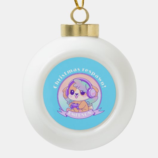 Cool Kawaii Christmas Gamer Meisje Hond in Blauwe  Keramische Bal Ornament (Voorkant)