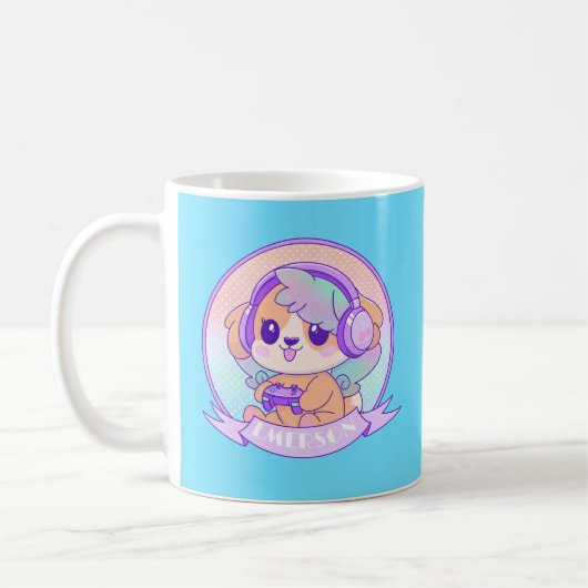 Cool Kawaii Gamer Girl Dog in Baby Blue met naam Koffiemok (Links)