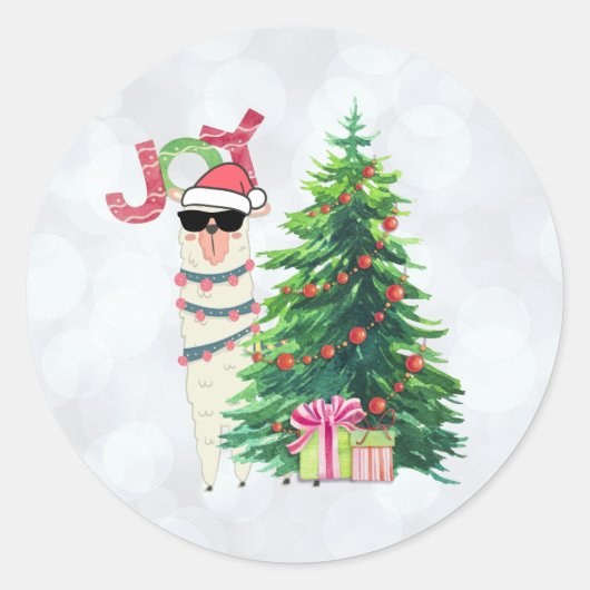 Cool Kerstllama | Joy Typografie | Bokeh Back Ronde Sticker (Voorkant)