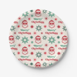 Cool Kerstman retro vrolijk kerstfeest rood groen Papieren Bordje
