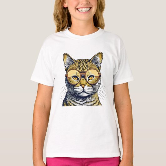 Cool Kitty Kat met Bril T-shirt (Voorkant)