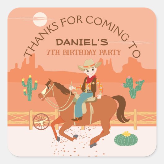Cool kleine cowboy en paard Verjaardagsfeest Vierkante Sticker (Voorkant)