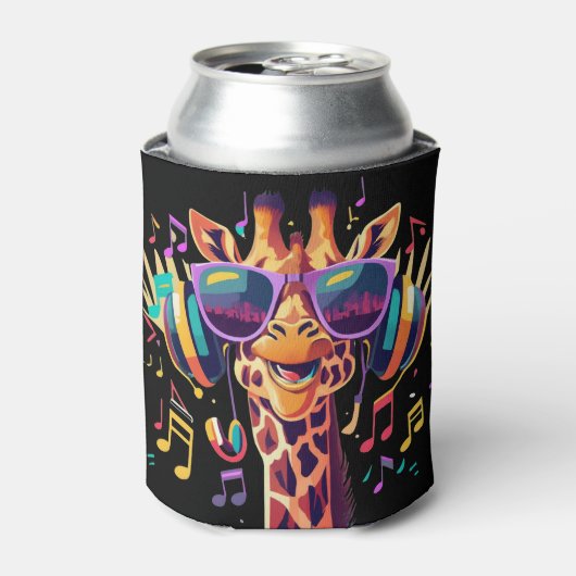 Cool Kleurrijke Party Giraffe met Hoofdtelefoon Blikjeskoeler (Blikje Voorkant)