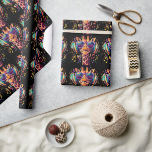 Cool Kleurrijke Party Giraffe met Hoofdtelefoon Cadeaupapier
