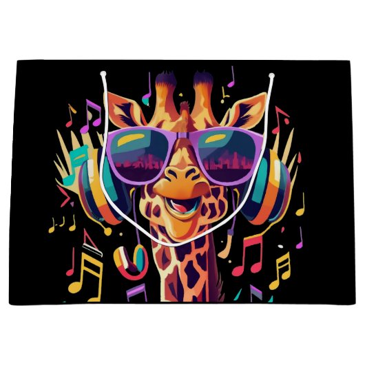Cool Kleurrijke Party Giraffe met Hoofdtelefoon Groot Cadeauzakje (Voorkant)