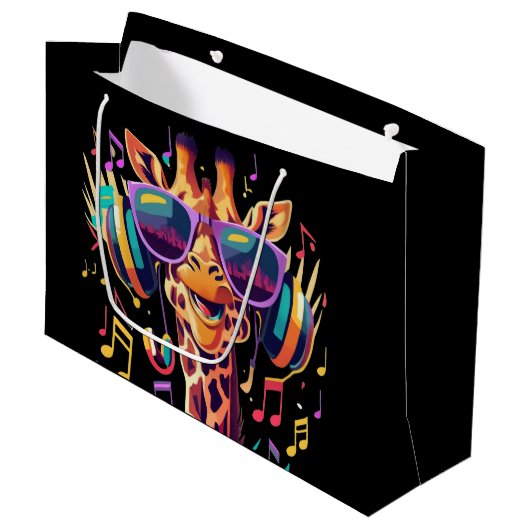 Cool Kleurrijke Party Giraffe met Hoofdtelefoon Groot Cadeauzakje (Voorkant Gekanteld)