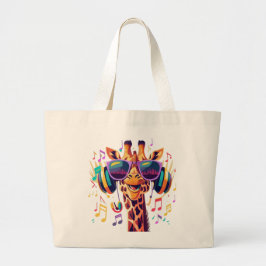 Cool Kleurrijke Party Giraffe met Hoofdtelefoon Grote Tote Bag