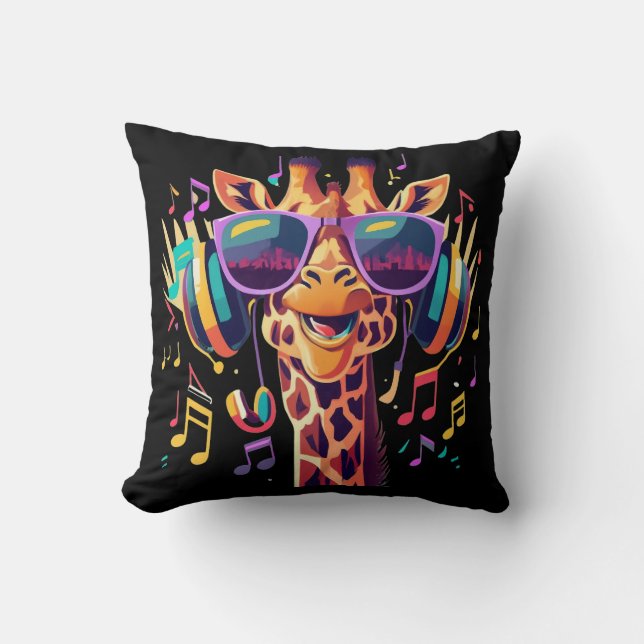 Cool Kleurrijke Party Giraffe met Hoofdtelefoon Kussen (Voorkant)