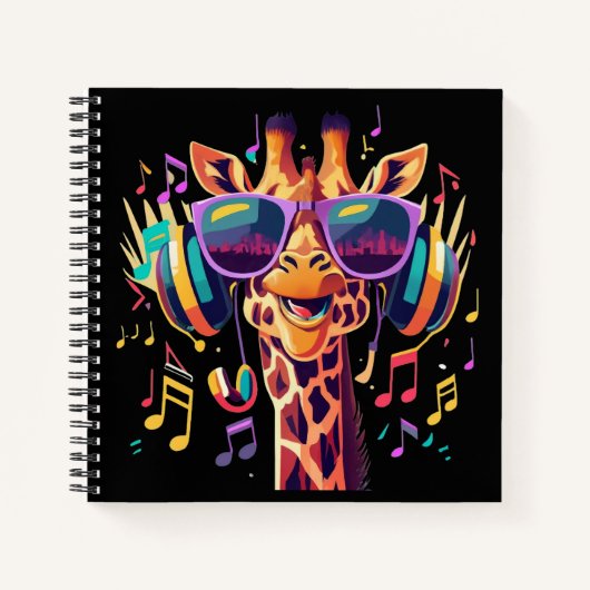 Cool Kleurrijke Party Giraffe met Hoofdtelefoon Notitieboek (Voorkant)