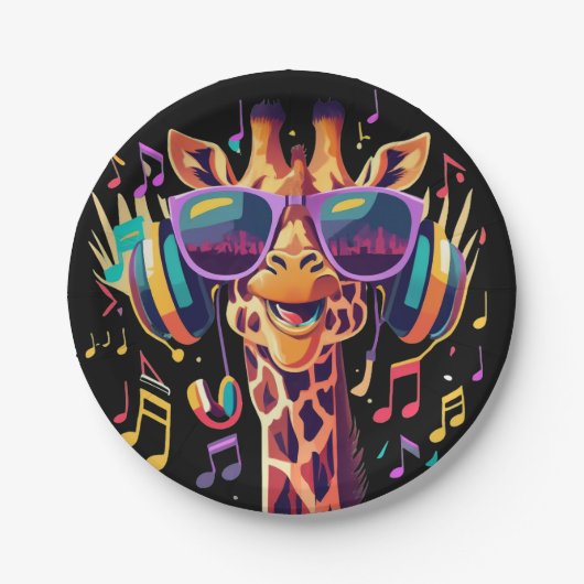 Cool Kleurrijke Party Giraffe met Hoofdtelefoon Papieren Bordje (Voorkant)