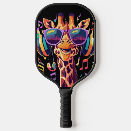 Cool Kleurrijke Party Giraffe met Hoofdtelefoon Pickleball Paddle (Voorkant)