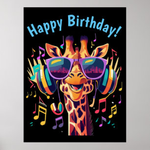 Cool Kleurrijke Party Giraffe met Hoofdtelefoon Poster