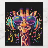 Cool Kleurrijke Party Giraffe met Hoofdtelefoon Wijn Etiket (Enkel label)