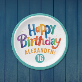 Cool Kleurrijke Verjaardagsfeest Blauwgroen Borste Papieren Bordje