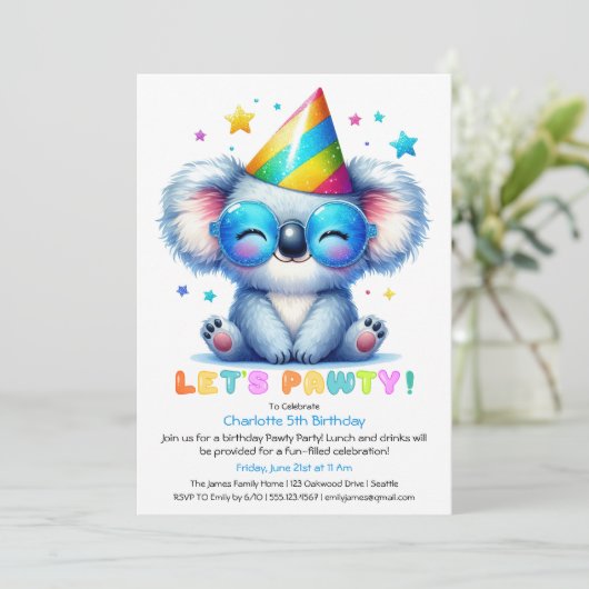 Cool Koala Verjaardag Uitnodiging Blue Glitter Par (Staand voorkant)