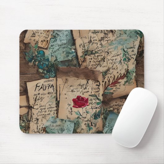 Cool  kunstwerk Oud rustiek papier Rode roos Muismat (Met muis)