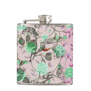 Cool Lady Grunge Skulls en Blauwgroen en roze Flor Heupfles