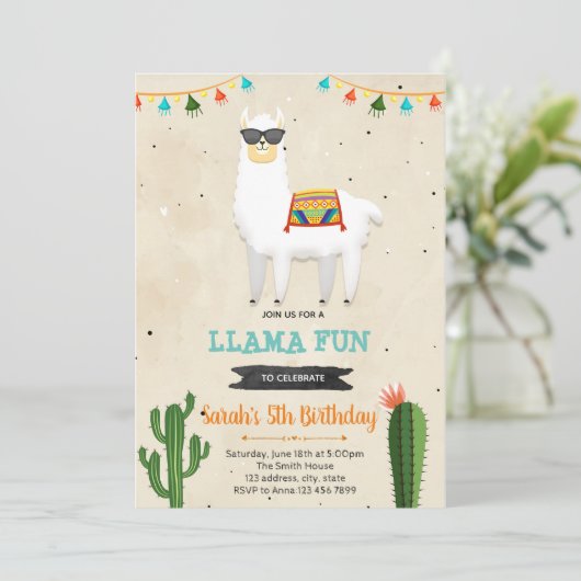 Cool lama boy fiesta verjaardagsdouche uitnodiging (Staand voorkant)
