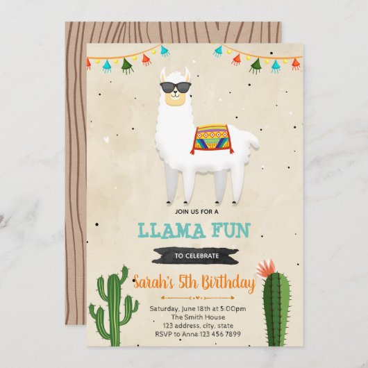Cool lama boy fiesta verjaardagsdouche uitnodiging (Voorkant / Achterkant)