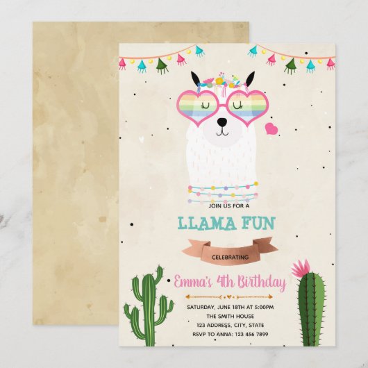 Cool lama meisje fiesta verjaardagsdouche uitnodig kaart (Voorkant / Achterkant)