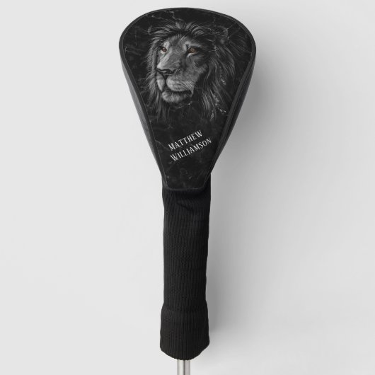 Cool Leeuw Zwarte Marmeren Achtergrond Monogram Golfheadcover (Voorkant)