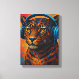 Cool Leopard met Hoofdtelefoon Pop Art Style Canvas Afdruk