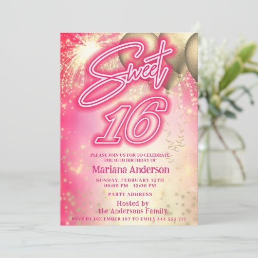 Cool leuk heet roze gouden ballon sparkle vuurwerk kaart (Staand voorkant)