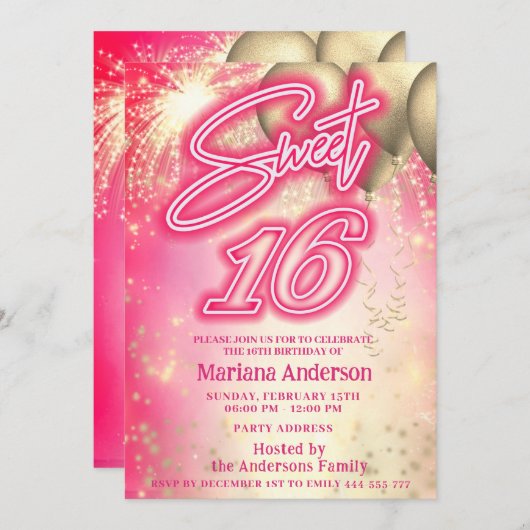 Cool leuk heet roze gouden ballon sparkle vuurwerk kaart (Voorkant / Achterkant)