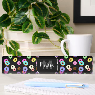 Cool leuk kleurrijk donuts patroon zwart Monogram Naambordje