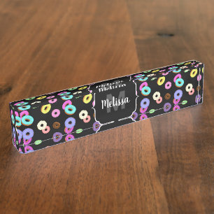 Cool leuk kleurrijk donuts patroon zwart Monogram Naambordje