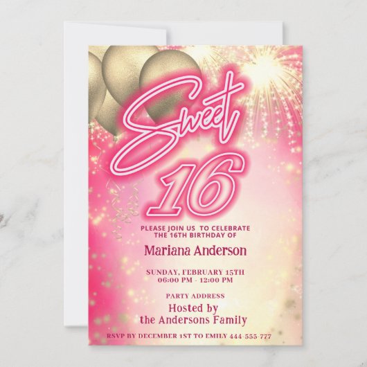 Cool leuk roze neon ballon sparkle vuurwerk kaart (Voorkant)