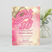 Cool leuk roze neon ballon sparkle vuurwerk kaart (Staand voorkant)