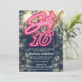 Cool leuk roze neon gouden ballon sparkle vuurwerk kaart (Staand voorkant)