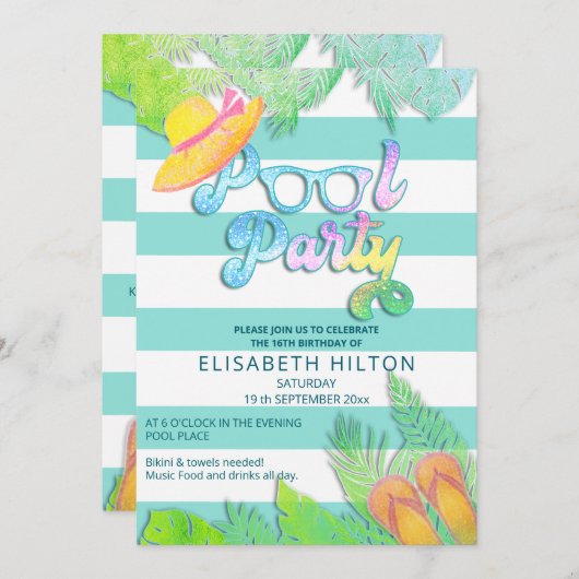 Cool leuk zomerscript poolparty verjaardag kaart (Voorkant / Achterkant)