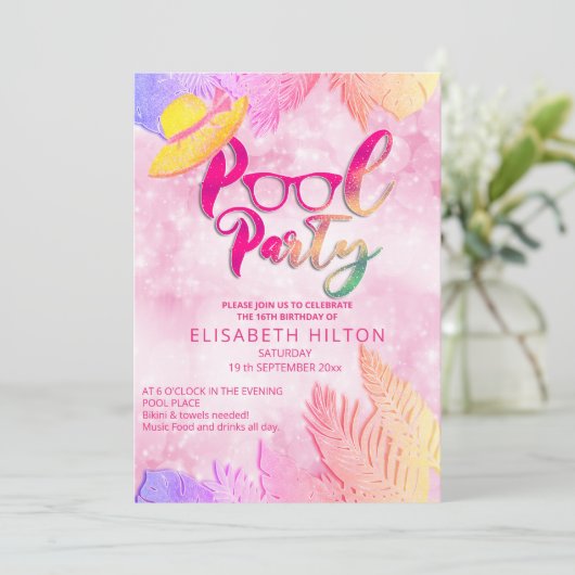 Cool leuk zomerscript poolparty verjaardag kaart (Staand voorkant)