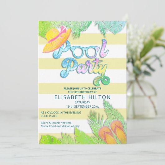 Cool leuk zomerscript poolparty verjaardag kaart (Staand voorkant)