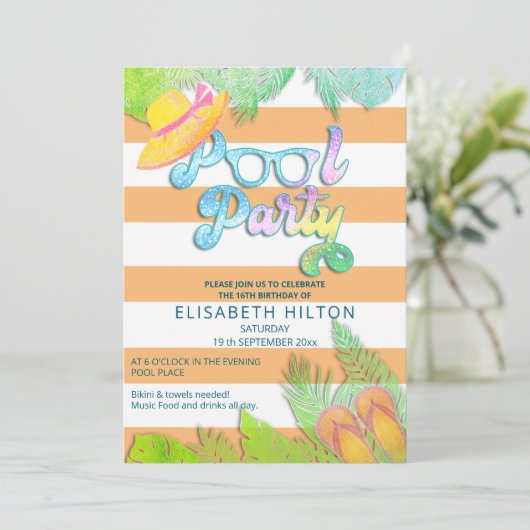 Cool leuk zomerscript poolparty verjaardag kaart (Staand voorkant)